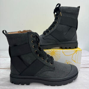 Black Canvas Lace Up Combat Boots Elastic Straps Yellow Box Platon Streetwear